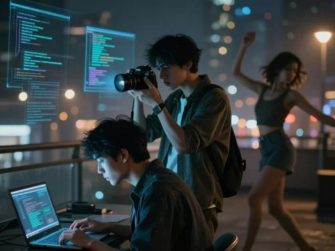 Cyberpunk Programmer Working with Holographic Code at Night