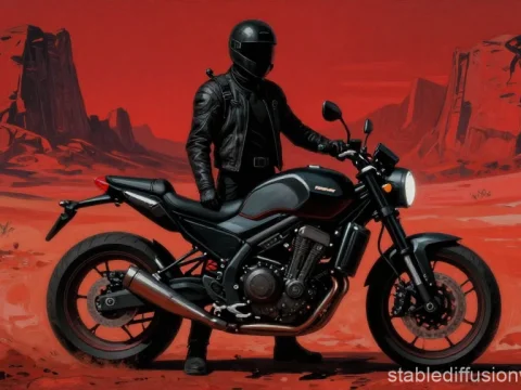 Cyberpunk Rider Standing Next to Motorcycle in Red Desert