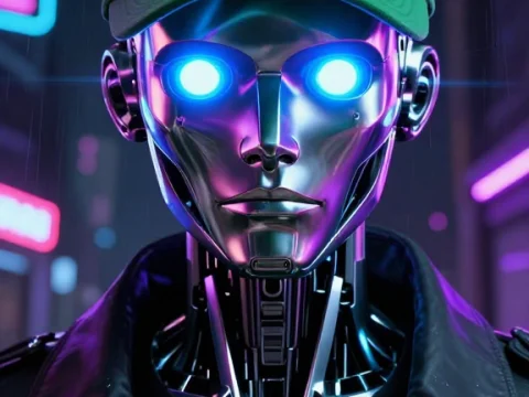Cyberpunk Robot with Neon Blue Eyes and Green Cap