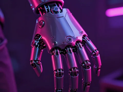 Cyberpunk Robotic Hand Closeup with Neon Lighting