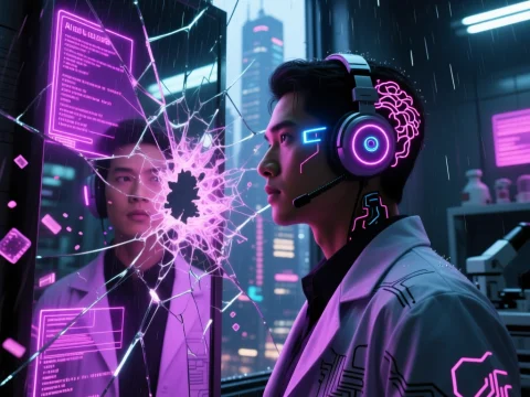 Cyberpunk Scientist with Neon Brain and Shattered Digital Interface