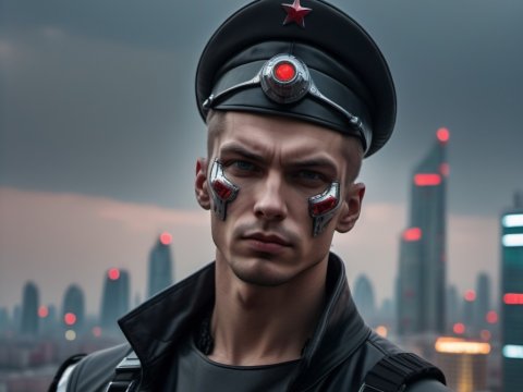 Cyberpunk Soldier with Futuristic Facial Implants in Urban Nightscape