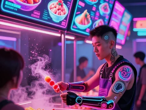Cyberpunk Street Food Stall with Holographic Menus