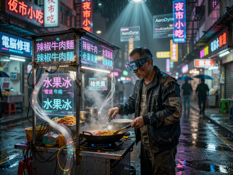 Cyberpunk Street Vendor Cooking in Rainy Neon-lit Alley
