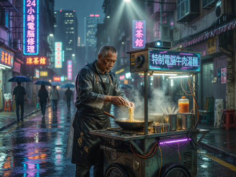 Cyberpunk Street Vendor Cooking Noodles in Neon Rain