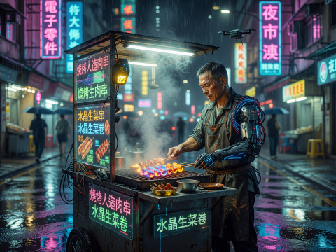 Cyberpunk Street Vendor Grilling Skewers in Rainy Neon-lit Alley