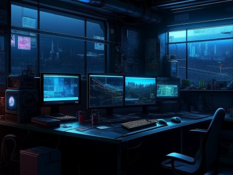 Cyberpunk Studio Desk with Futuristic Monitors and City View