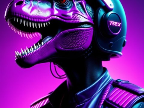 Cyberpunk T-Rex Pilot in Neon Purple and Blue