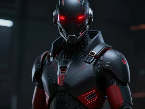 Cyberpunk Warrior in Futuristic Armor with Red Glowing Eyes