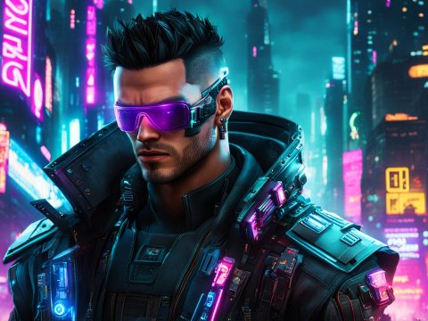 Cyberpunk Warrior with Neon Purple Visor in Futuristic City