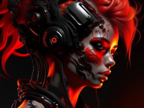 Cyberpunk Woman with Fiery Red Hair and Futuristic Headgear
