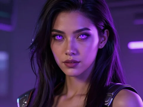 Cyberpunk Woman with Glowing Purple Eyes