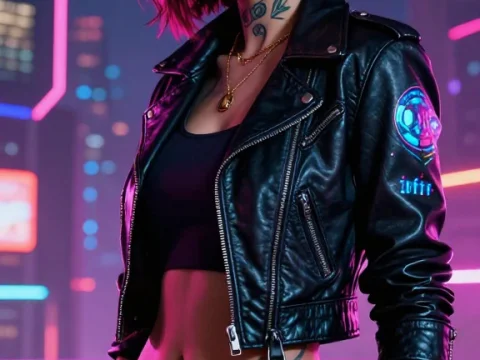 Cyberpunk Woman with Neon Makeup and Leather Jacket