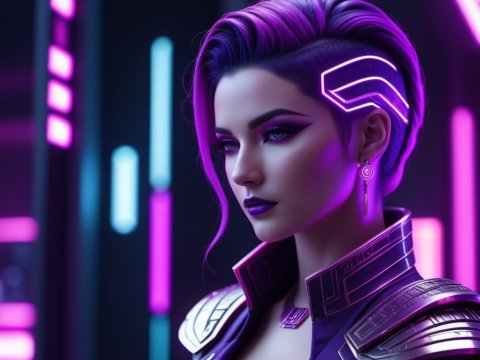 Cyberpunk Woman with Neon Purple Hair and Futuristic Armor