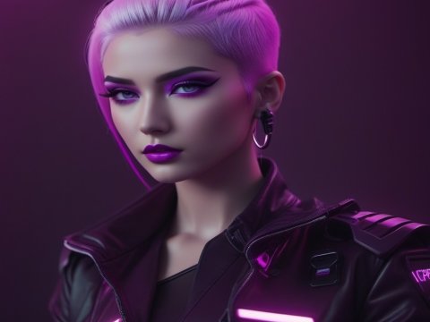 Cyberpunk Woman with Neon Purple Hair and Futuristic Jacket