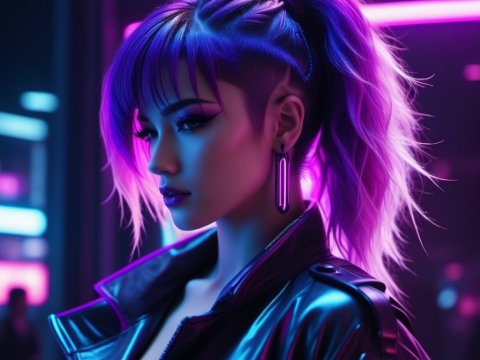 Cyberpunk Woman with Neon Purple Hair and Leather Jacket