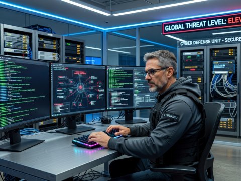 Cybersecurity Expert in High-Tech Office