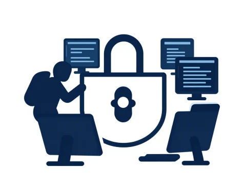 Cybersecurity Lock Icon with Hacker and Computers