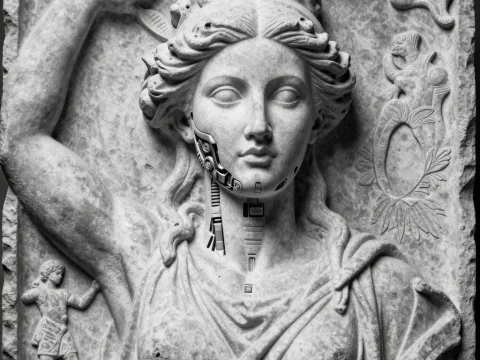 Cyborg-Enhanced Classical Sculpture Relief