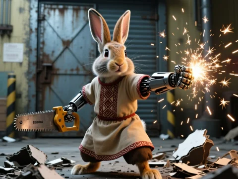 Cyborg Rabbit Warrior with Chainsaw and Sparks