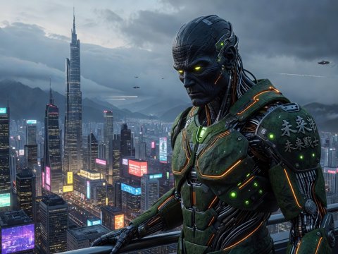 Cyborg Sentinel Over Futuristic Metropolis