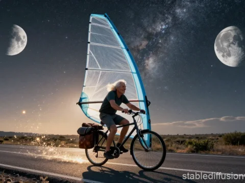 Cyclist Riding with a Sail Under a Starry Night Sky
