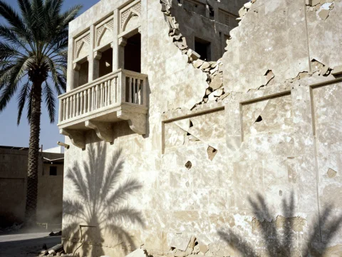 Damaged Middle Eastern Building with Palm Tree Shadows