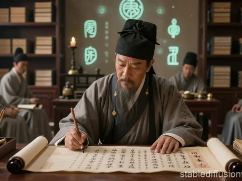 Daoist Master Writing Ancient Scroll in Traditional Study
