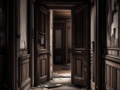 Dark Abandoned Wooden Hallway with Open Doors