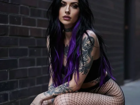 Dark Aesthetic Woman with Purple Hair and Tattoos