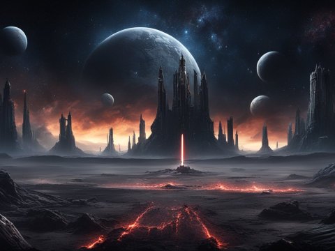 Dark Alien Battlefield with Towering Spires and Multiple Moons