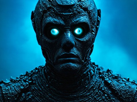 Dark Alien Creature with Glowing Blue Eyes