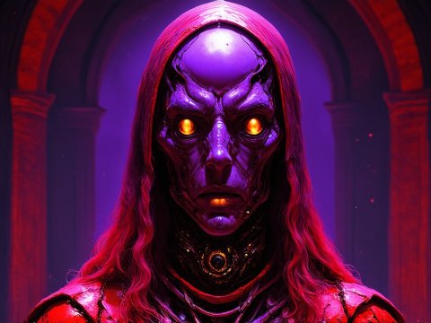 Dark Alien Entity with Glowing Eyes in Gothic Archway