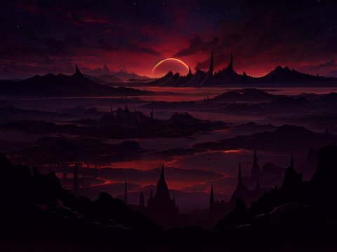 Dark Alien Landscape with Red Sunset and Jagged Mountains