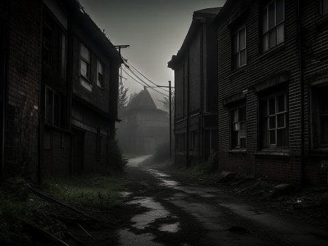 Dark and Foggy Alley Between Old Buildings