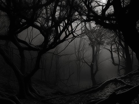 Dark and Misty Forest with Twisted Trees