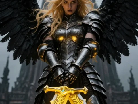 Dark Angel Warrior with Glowing Golden Sword