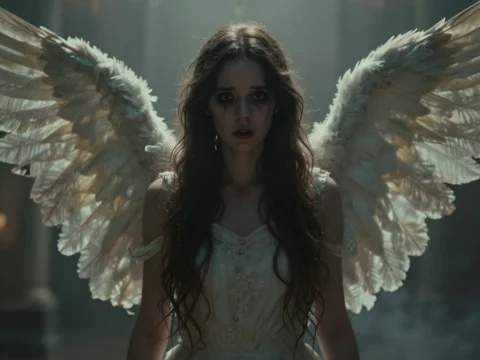 Dark Angel with Tear-Streaked Face in Gothic Setting