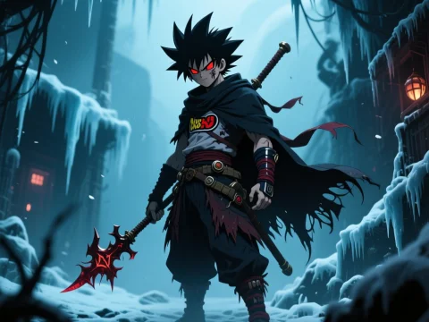 Dark Anime Warrior in Snowy Gothic Alley