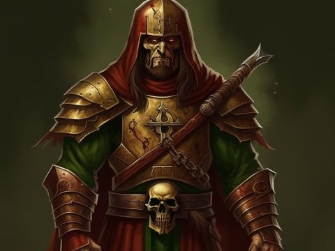 Dark Armored Warrior with Skull Emblem and Spiked Mace