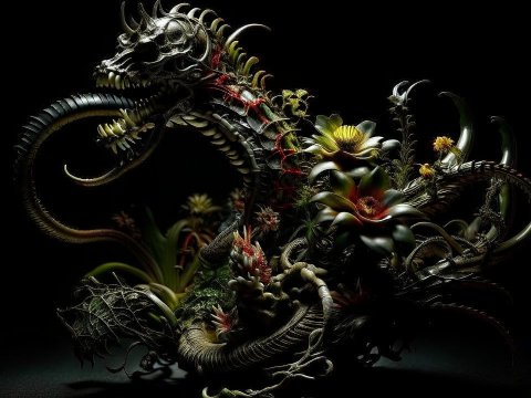 Dark Biomechanical Dragon with Floral Elements