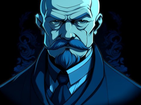 Dark Blue Anime Portrait of a Stern Man with Mustache