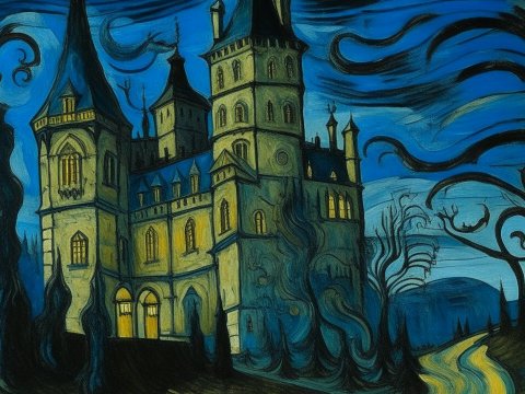 Dark Blue Gothic Castle with Twisting Trees