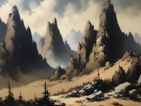 Dark Brown Dry Mountain Landscape with Jagged Peaks