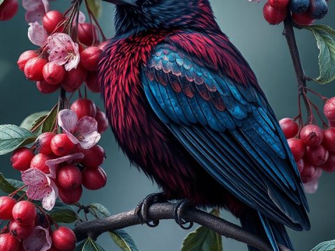 Dark Burgundy Bird Perched on Cherry Tree Branch