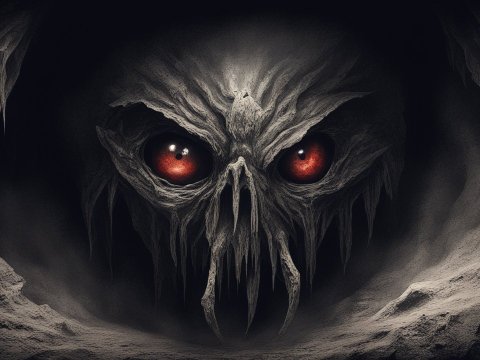 Dark Cave Skull with Glowing Red Eyes