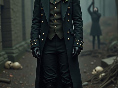 Dark Clown in Gothic Military Coat with Skulls