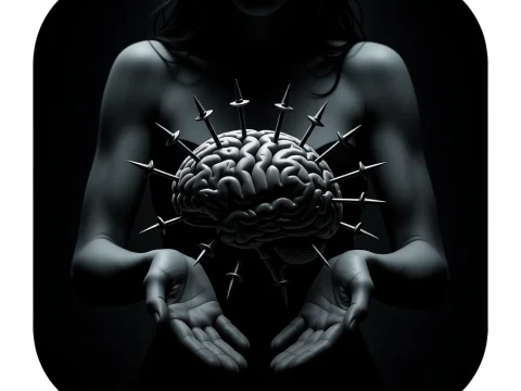 Dark Conceptual Image of Woman Holding Pierced Brain