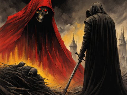 Dark Confrontation Between Hooded Warrior and Fiery Skeleton