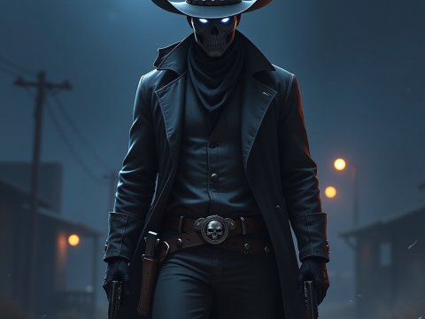 Dark Cowboy Skeleton with Glowing Eyes Under Full Moon